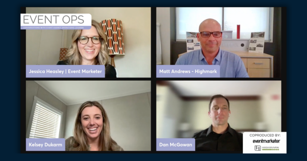 Screenshot from an Event Ops virtual discussion with four speakers in a video call grid