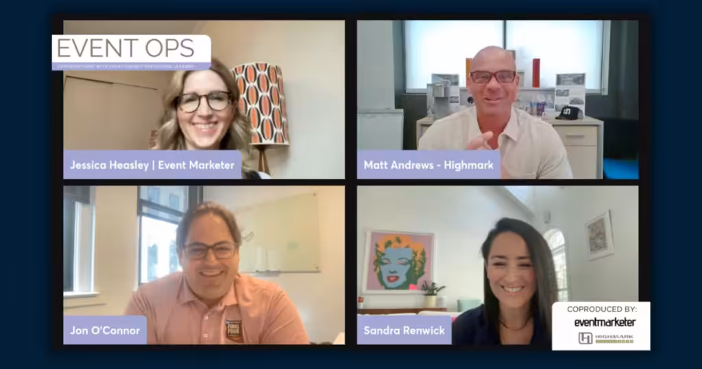 Screenshot from an Event Ops virtual discussion with four speakers in a video call grid