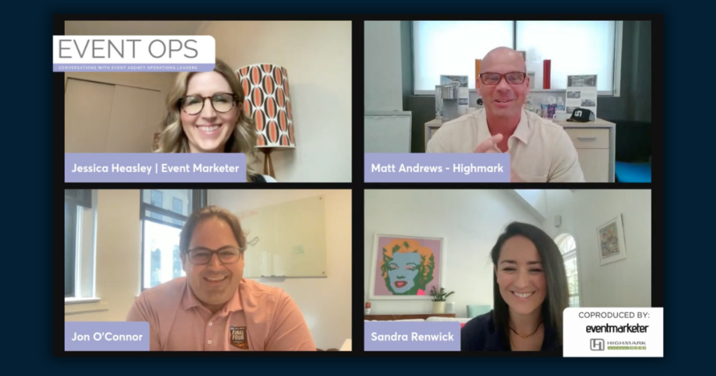 Screenshot from an Event Ops virtual discussion with four speakers in a video call grid