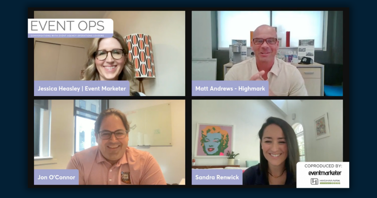 Screenshot from an Event Ops virtual discussion with four speakers in a video call grid