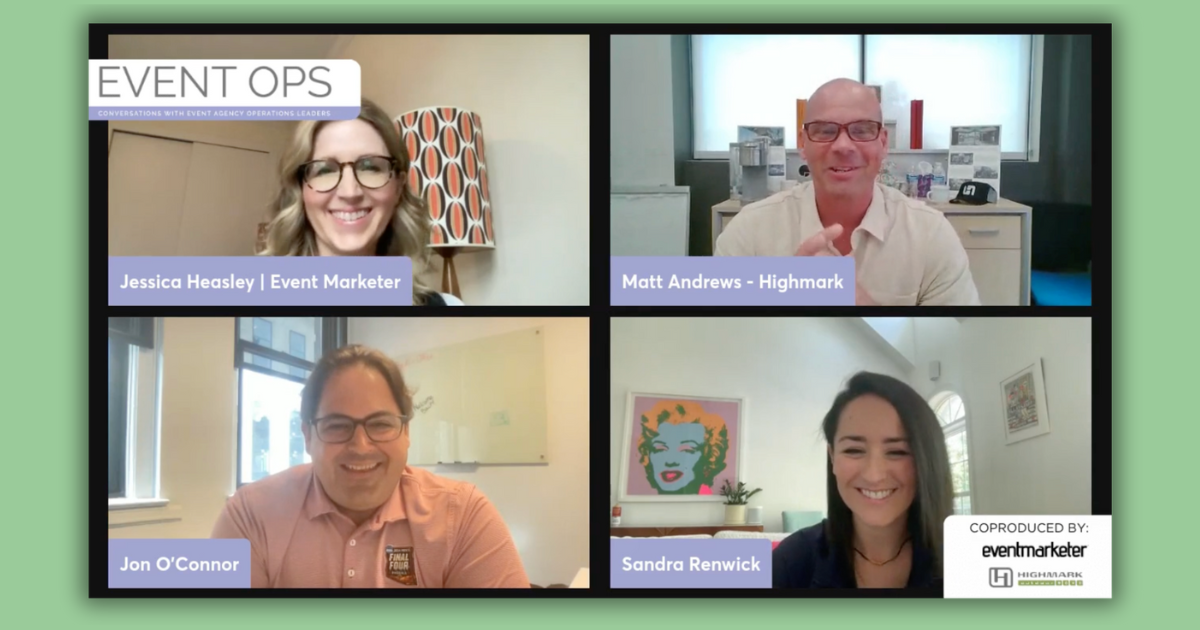 Screenshot from an Event Ops virtual discussion with four speakers in a video call grid