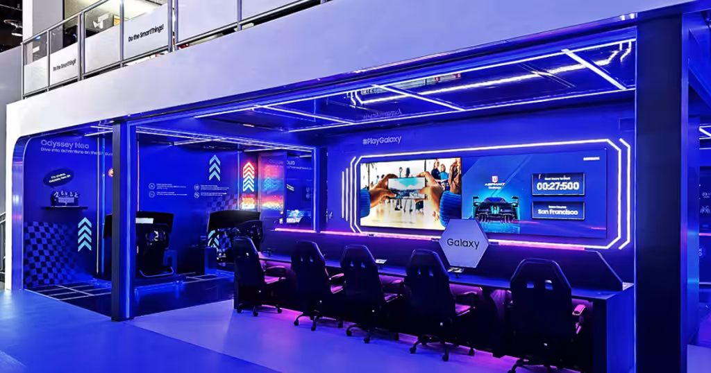 vibrant gaming lounge on first floor of a double deck structure